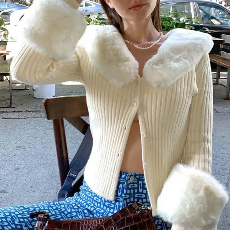 Новинка 2021 кардиган повседневный однотонный топ с меховым воротником облегающий