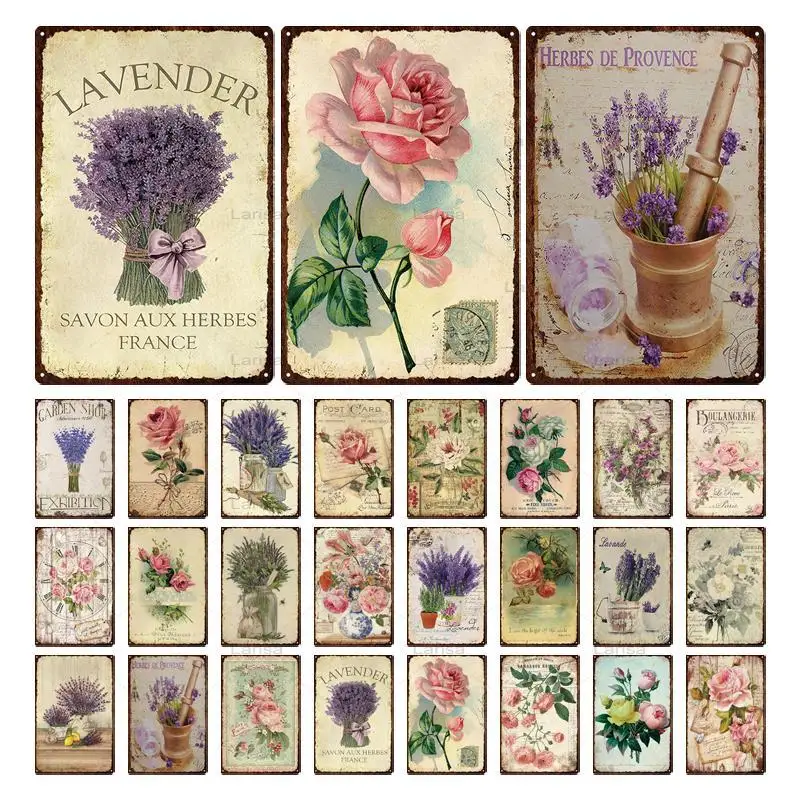 

Flowers Metal Tin Sign Retro Plates Rose Peony Lavender Metal Painting Art Plaque Poster Vintage Garden Room Home Wall Decor