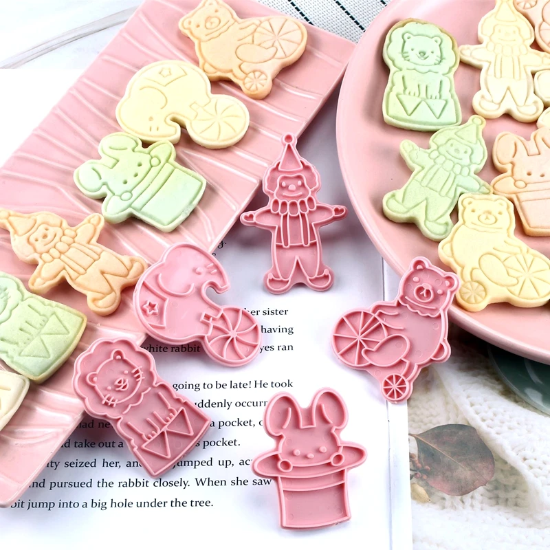 

6pcs/set Circus Pressable Stamped Biscuit Cookie Cutters Mold 3D cartoon lion Icing Plastic Press Mould Cake Baking Tools