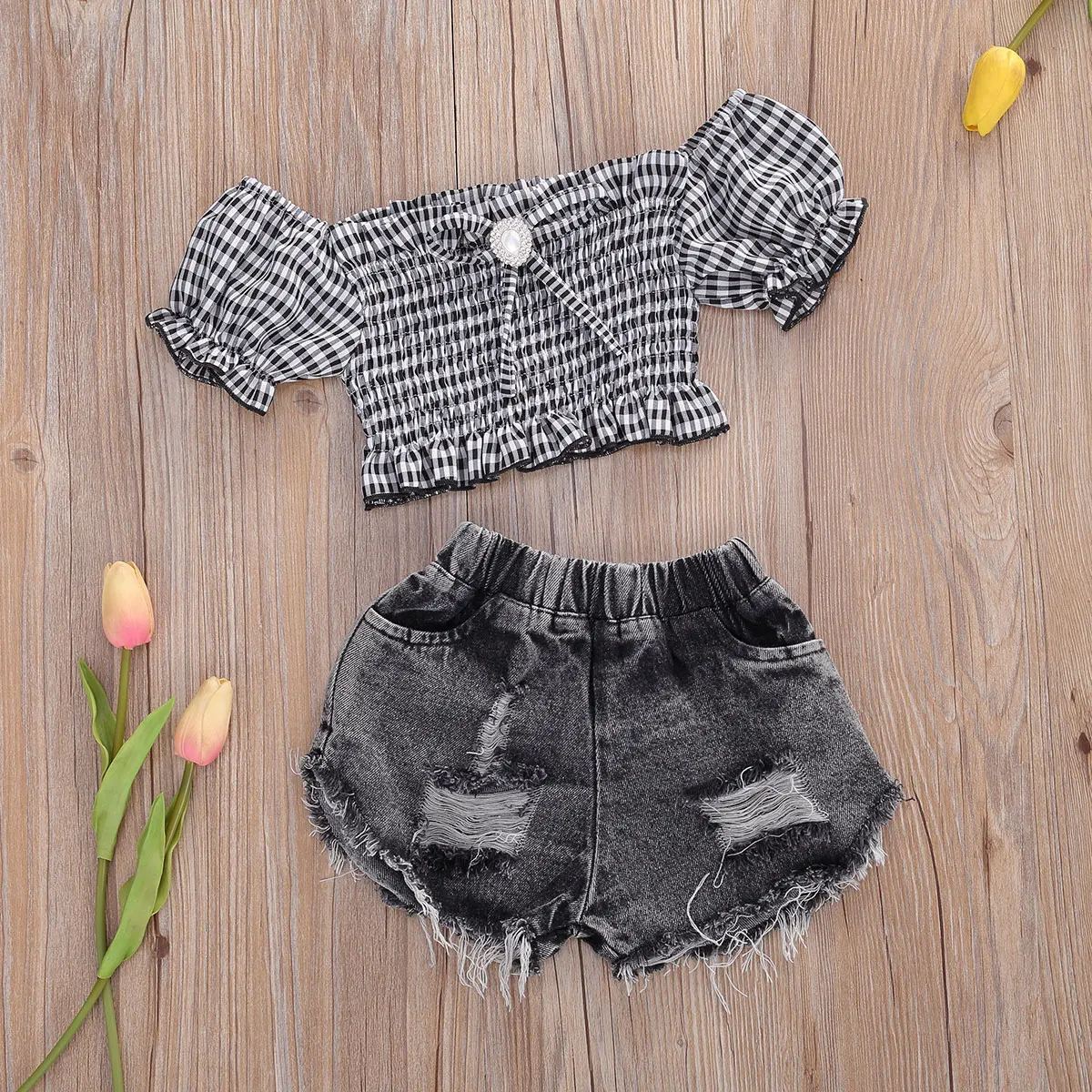 Conjunto de ropa a la moda para ni&ntilde;os y ni&ntilde;as, camisetas de manga corta con estampado a cuadros, Tops, pantalones cortos Vaqueros, 2 uds., verano de 2-9 a&ntilde;os-1