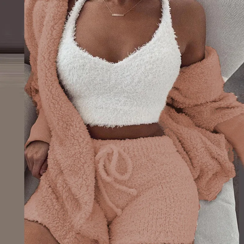 Женский комплект из трех предметов флисовый плюшевый кардиган с капюшоном