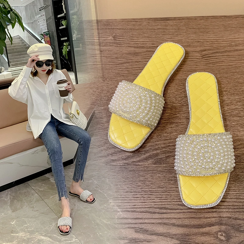 Женские летние шлепанцы 2020 в клетку с жемчугом на плоской подошве повседневные