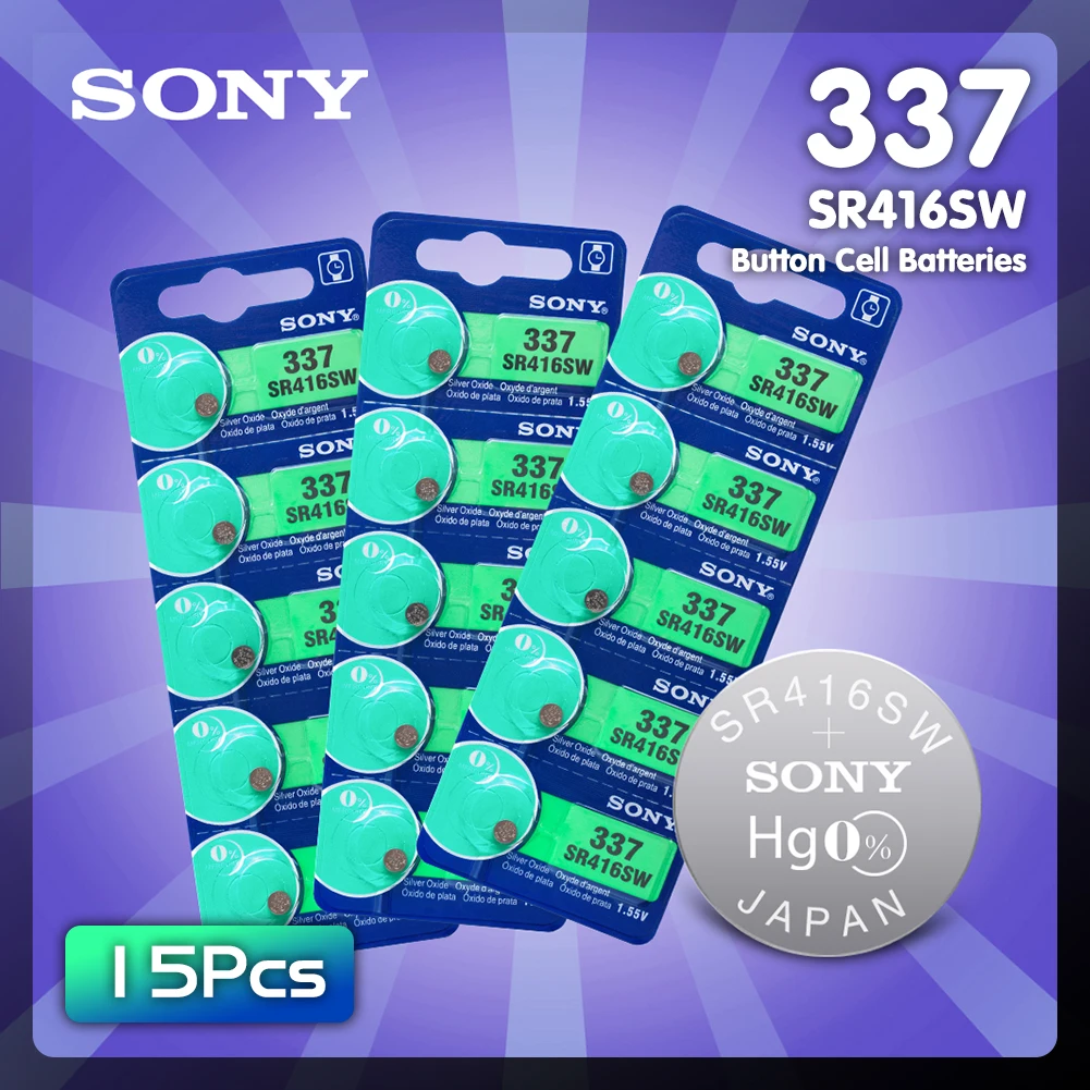 

15pcs Sony Original Watch battery 337 SR416SW Silver Oxide 1.55V button cell battery for Watch Electric toy LED Headphone