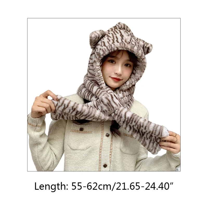 

Women Winter 2 In 1 Hooded Scarf Beanie Hat Zebra-Striped Cute Bear Ears Fuzzy Plush Earflap Cap Windproof Neck Warmer