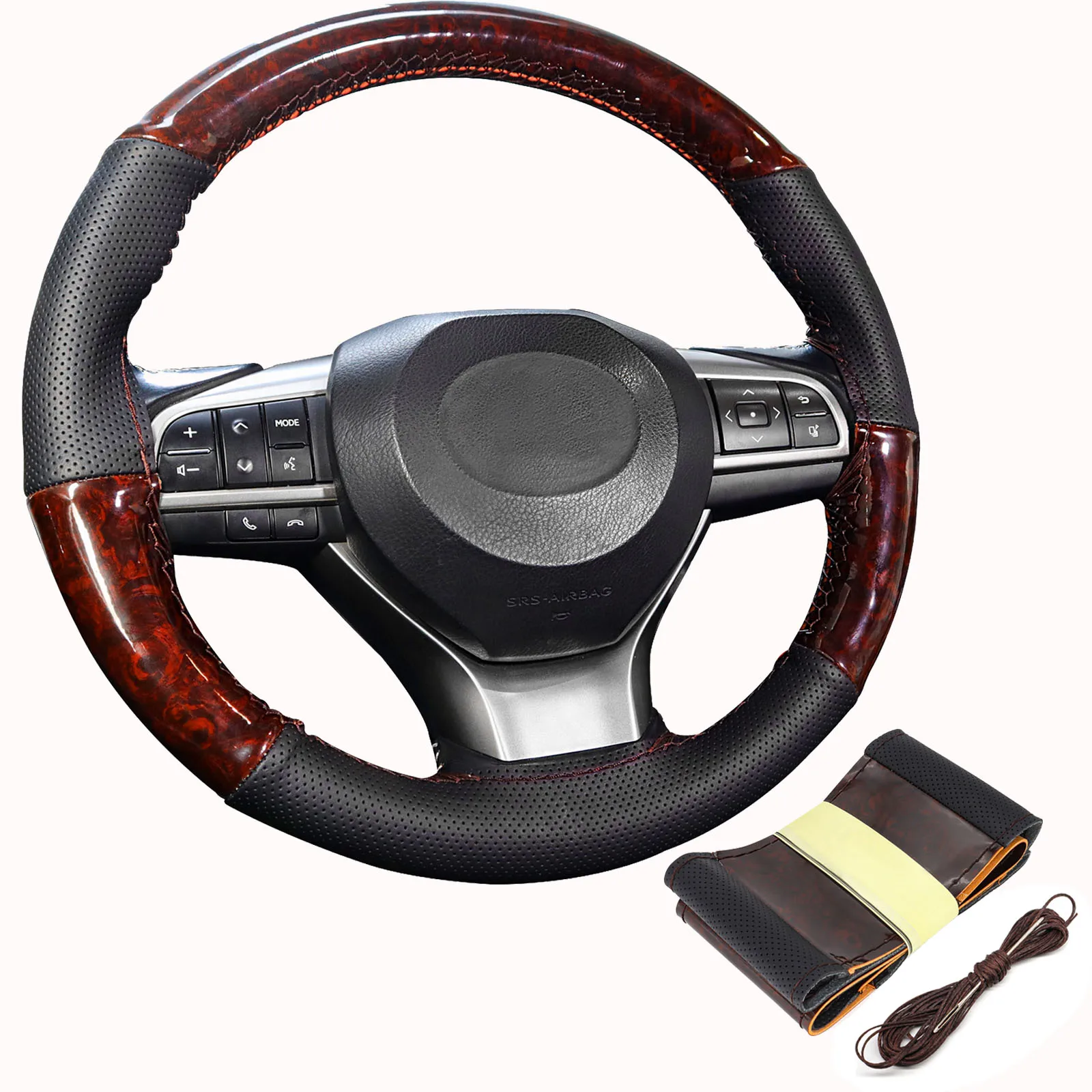 Cubierta trenzada para volante de coche, accesorio Universal de 38cm, con patrón de madera, agujas de cuero, hilo de coser, DIY