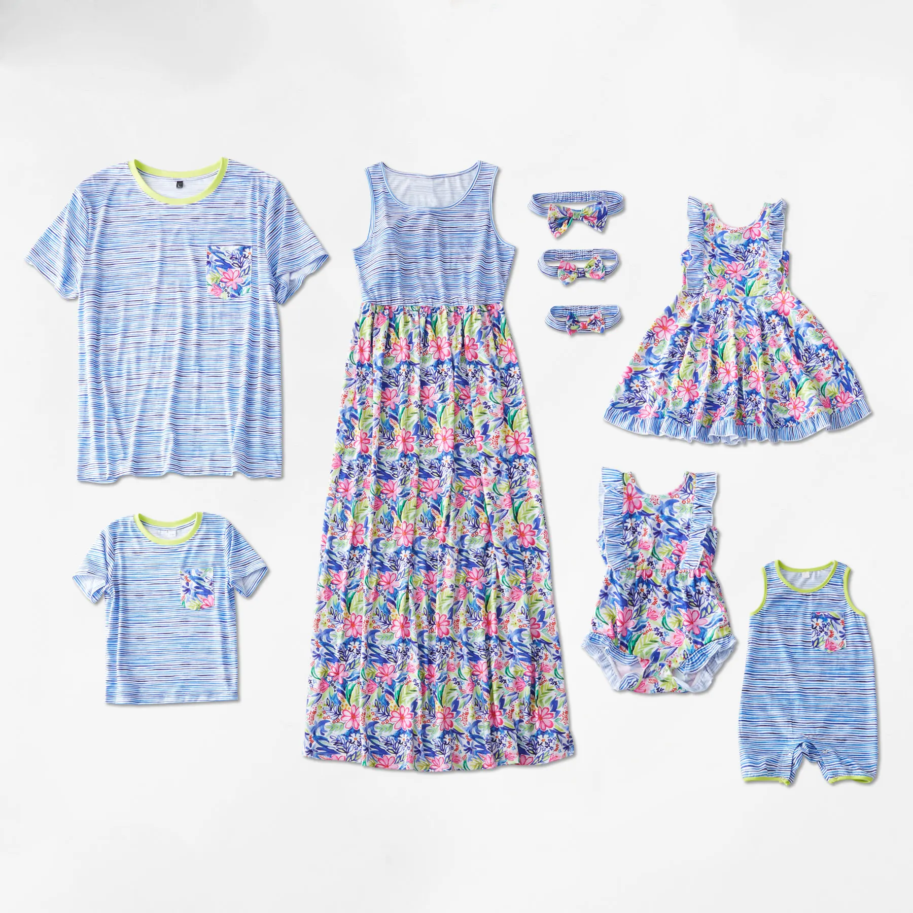 PatPat 2021 New Mosaic Family Matching Floral Print Flutter-sleeve Tank Dresses Stripe Tee For Mom Dad and Baby Girl Boys | Мать и