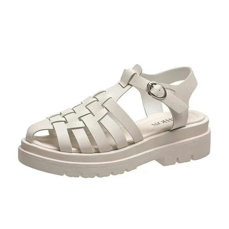 

Flat Sandal Shoe Breathable Clogs With Heel 2021 Summer Suit Female Beige Muffins shoe Without Gladiator Fashion Thick Closed Bl