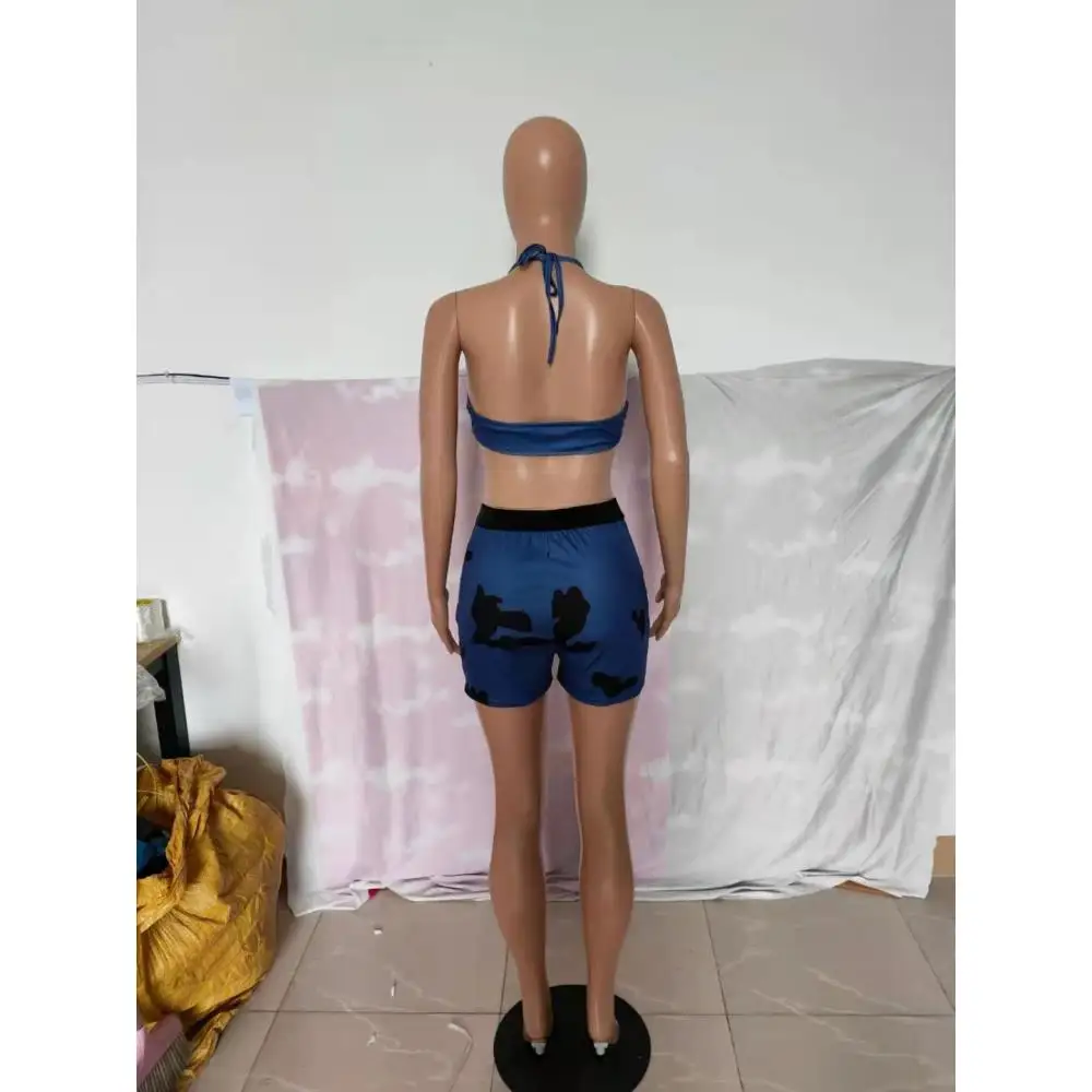 

Women's Sporty Two Pieces Matching Sets Shorts Tracksuits Blue Color Spaghetti Strap Bra Crop Top Tight Mini Short Pants Outfits