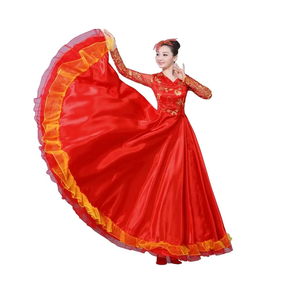 

Испанский танцевальный костюм фламенко, открытое танцевальное платье, национальная классическая одежда для взрослых для хора, 540 градусов