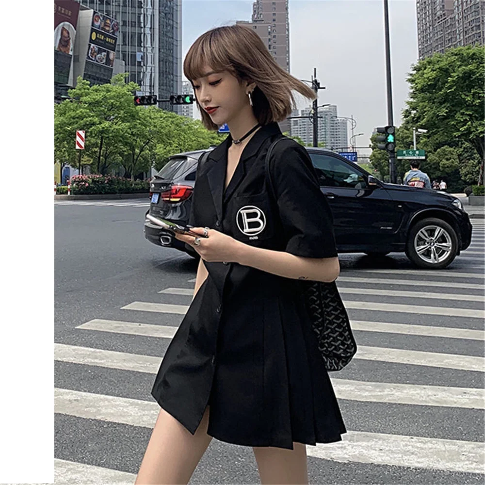 

Black Tailored Collar Elegant Simplicity Slim Mini Suit Dress Korean Style Vestidos Summer Short Sleeve Vintage Women'S Costume