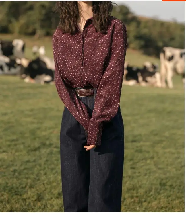 

Female Vintage Tops Women Spring Winter Basic Button Shirts Blouses Japanese Style Design Clothes Printed Cotton Corduroy Top