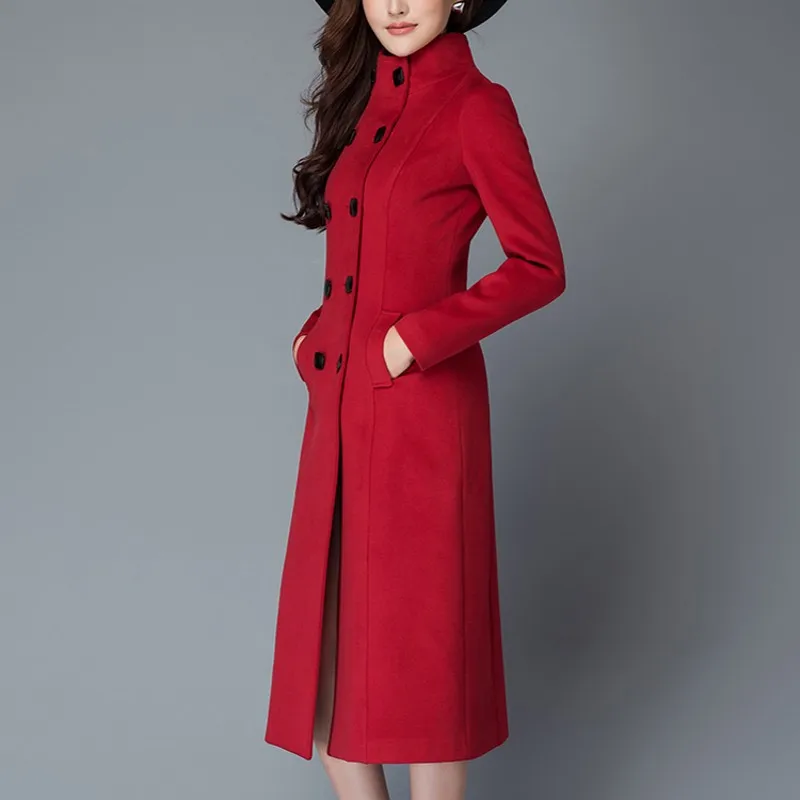

2021 Autumn Classic Double Breasted Wool Coat Full Length Thick Warm Overcoat Stand Collar Slim Fit Female Jacket Womens Outwear