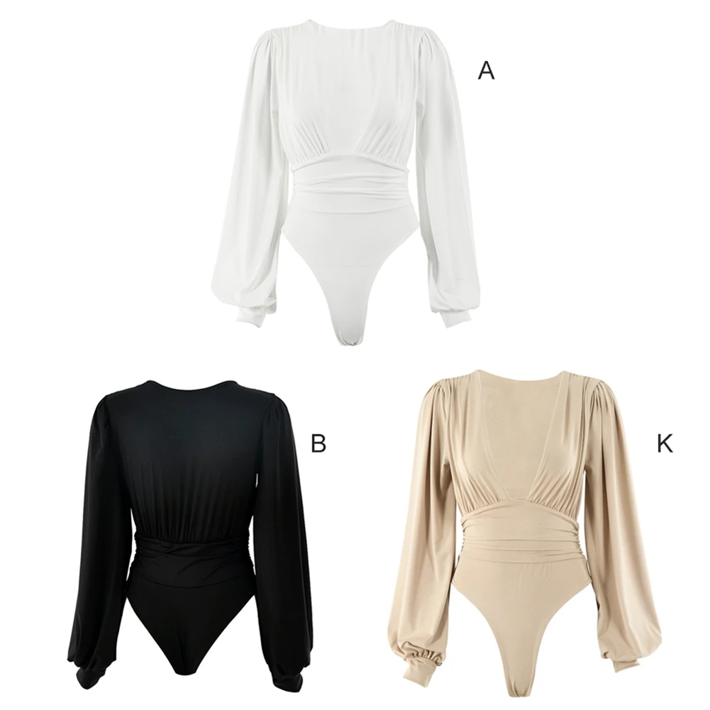 Deep V-Neck Sexy Bodysuits For Women Autumn And Winter Long Sleeve Bodycon One Piece Bodysuit WQAX1