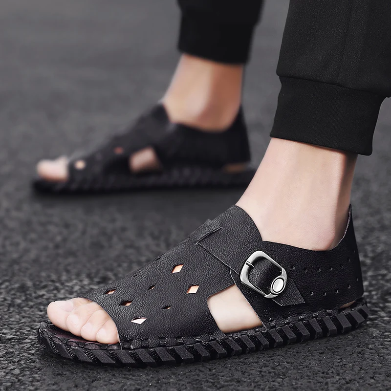 Мужские кожаные сандалии ручной работы летние пляжные дышащие гладиаторы с