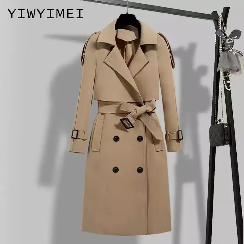 

New Spring Autumn Elegant Women Double Breasted Solid Trench Coat Vintage Turn-down Collar Warm Trench with Belt Black Trench