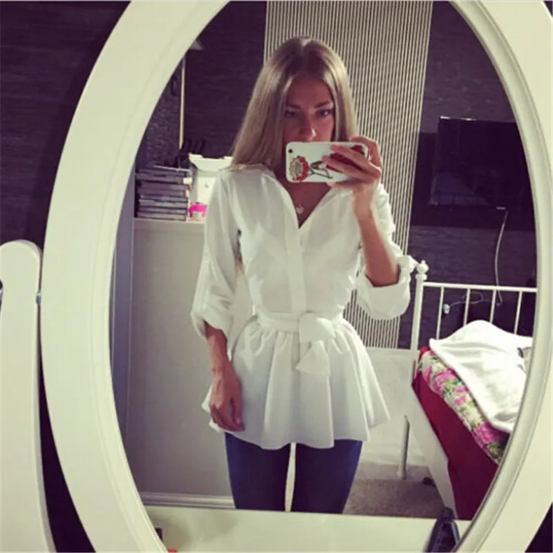 

Sexy Women Summer Shirt Belt Dress Solid White Turn-Down Collared Button OL Dress Female Long Sleeve Short Veatidos MIni Dress