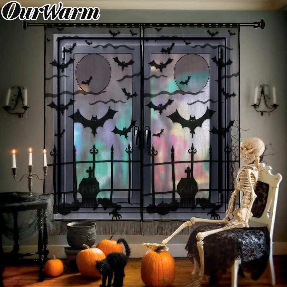 

OurWarm 2Pcs Black Pumpkin Bats Halloween Window Curtains 40x84 Inch Spooky Black Lace Halloween Door Curtain Halloween Decor