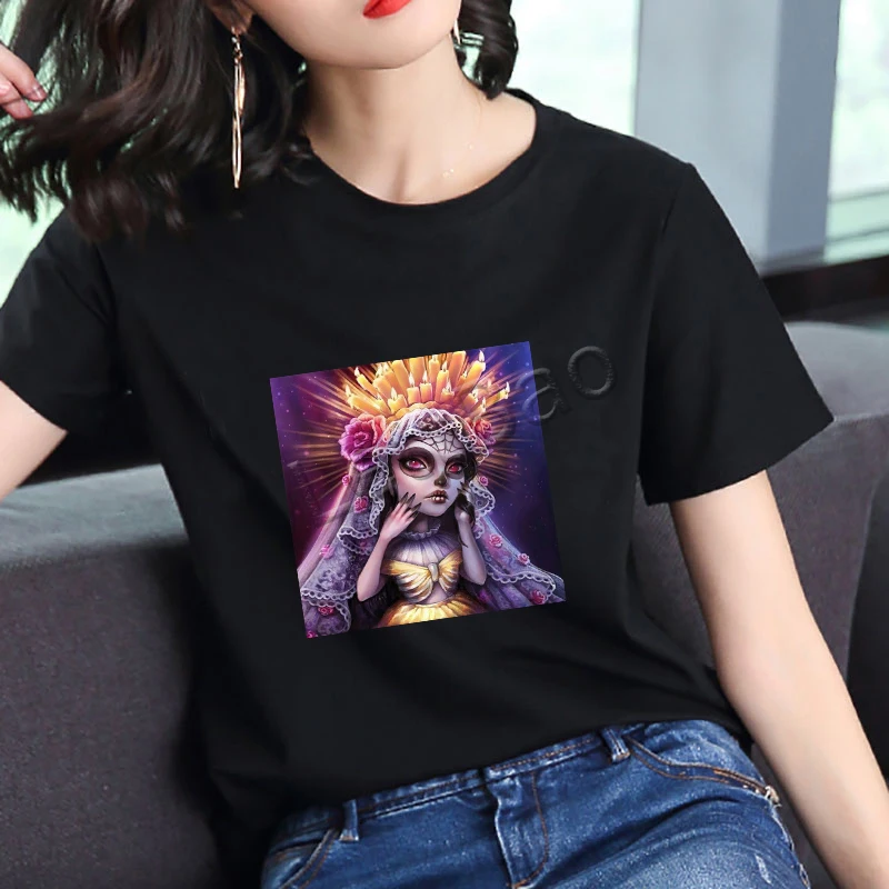 Белоснежка рубашка уличная цветок череп Леди Черная футболка хлопок o образным