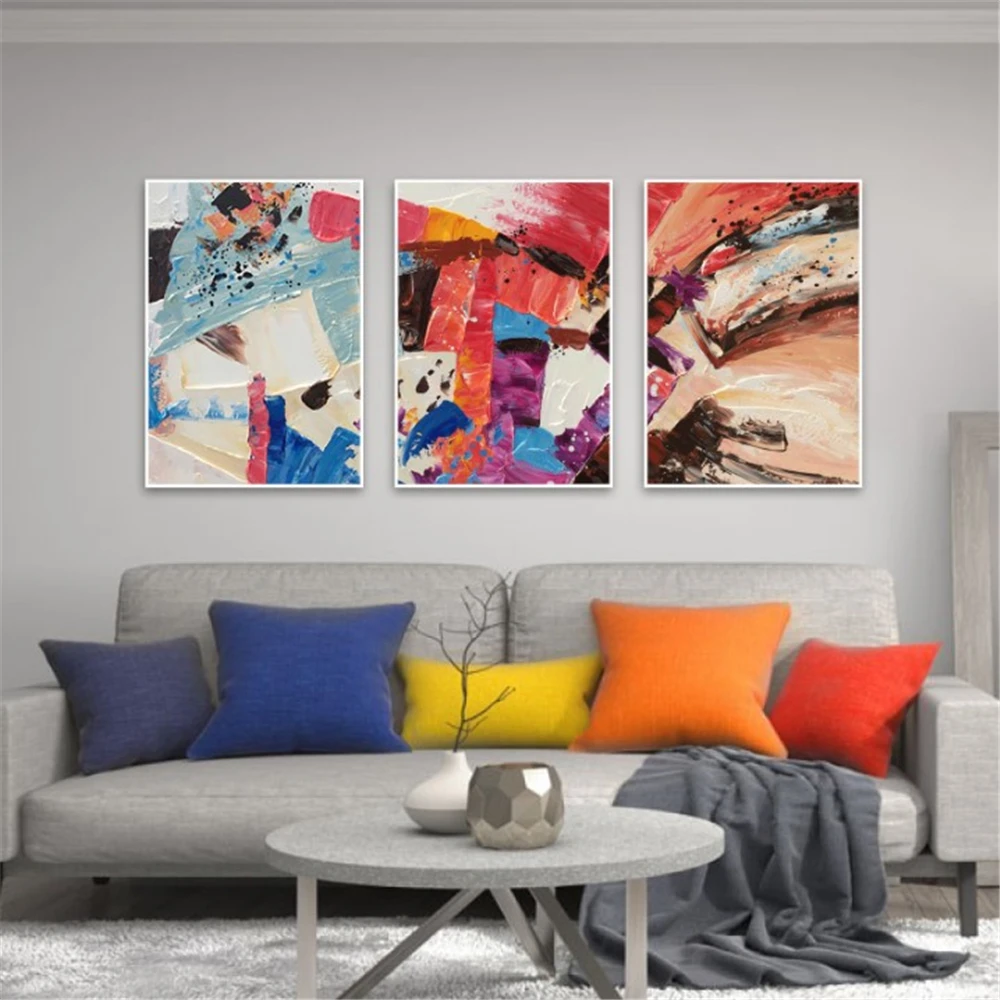

Home Decor Abstract red thick Three-pictures Combination Oil Painting On Canvas Handmade Wall Art For living Room Unframed
