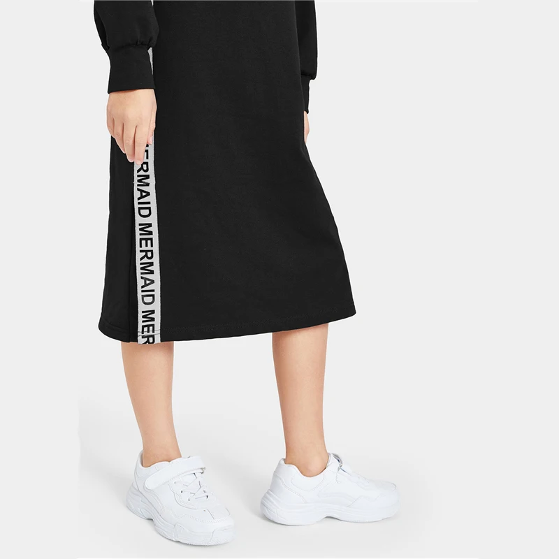 SHEIN/однотонное Повседневное платье-толстовка с контрастными буквами и лентами; коллекция года; весенние прямые платья с длинными рукавами для девочек