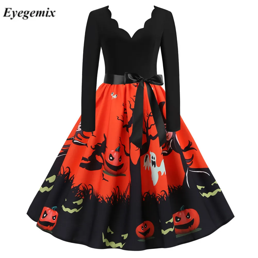 Женские черепа тыквы вечерние принт костюм на Рождество Хэллоуин Платье с