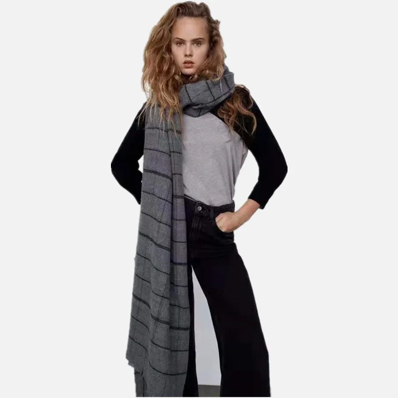 

2021 European Za family's new imitation cashmere scarf in winter women's Linen grey lattice fashion soft shawl Bib warm scarf