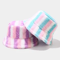 bucket hat women fluffy autumn winter warm stripe holiday accessory for young lady teenagers outdoors