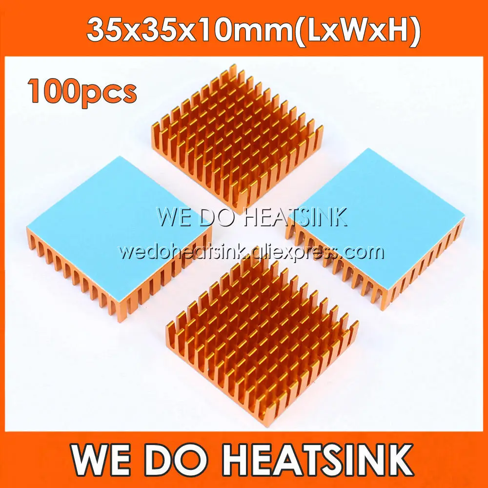 

WE DO HEATSINK 100pcs 35x35x10mm Gold Slotted Anodized Aluminum Heatsink Cooler With Thermal Conductive Adhesive Pads