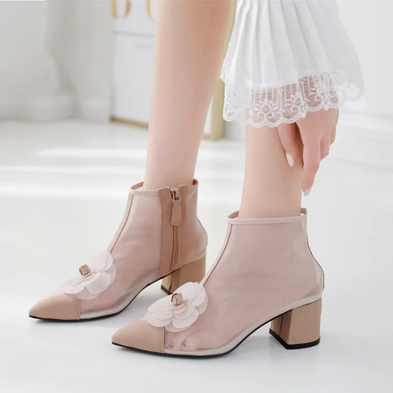 Розовая обувь сексуальный прозрачный в сеточку сапоги 5 см низкий каблук