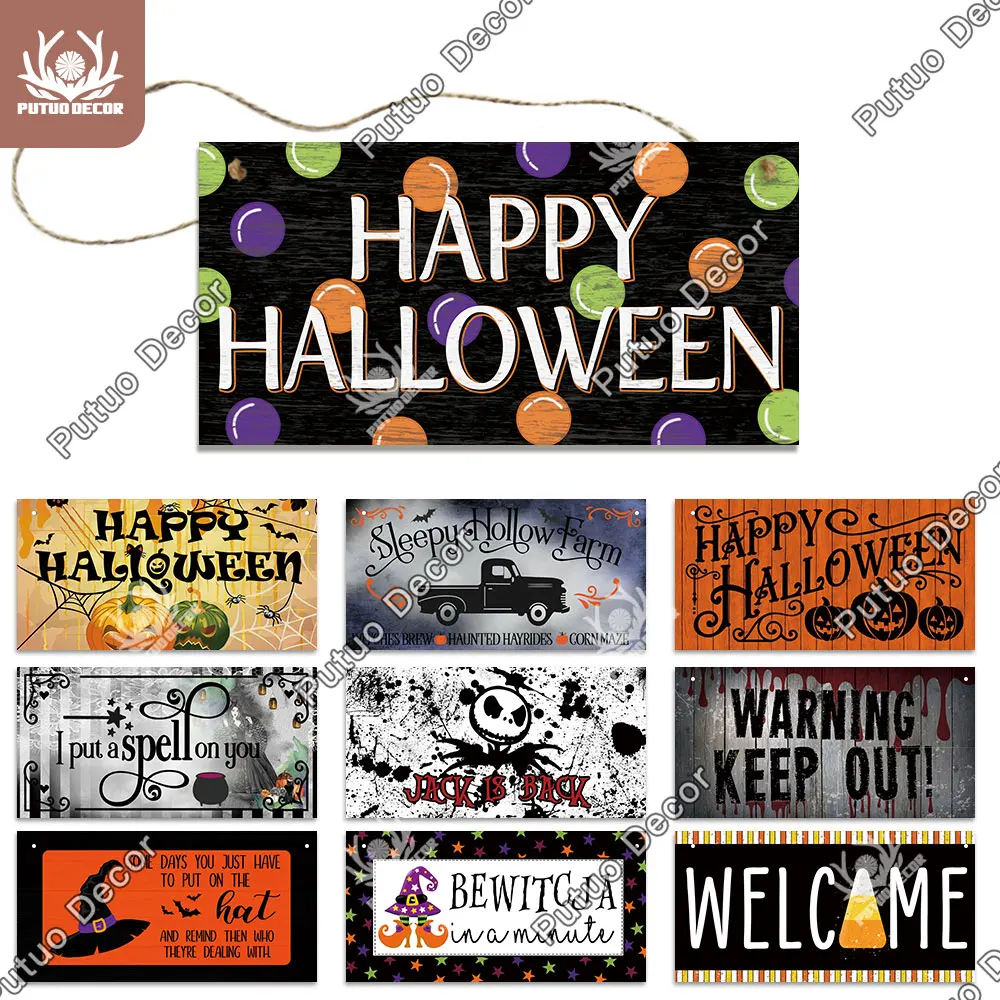 Putuo Decor Halloween Wooden Door Hanging Signs Happy Halloween Trick or Treat Pumpkin Zombie Witch Decoration Halloween Gifts
