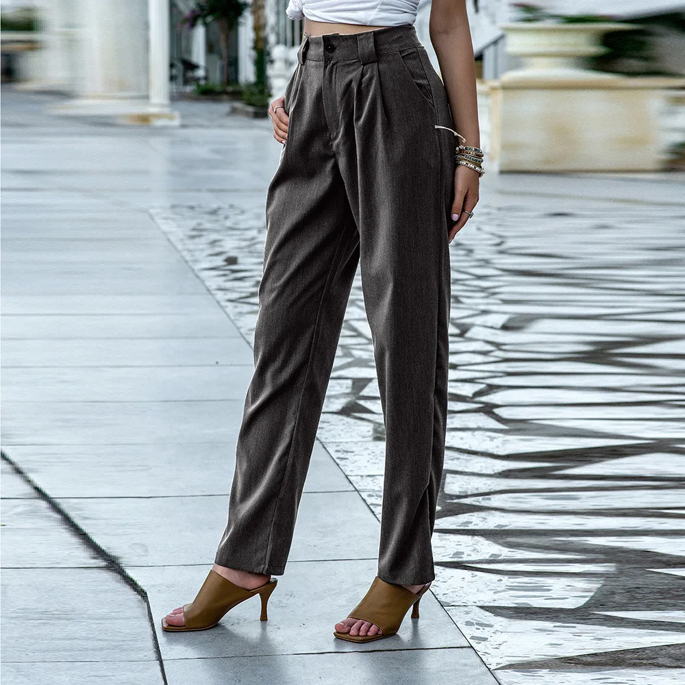 

Mandylandy Spring and Autumn Solid Color Pants Women's Casual Pocket High Waist Slim-Fit Harem Pants