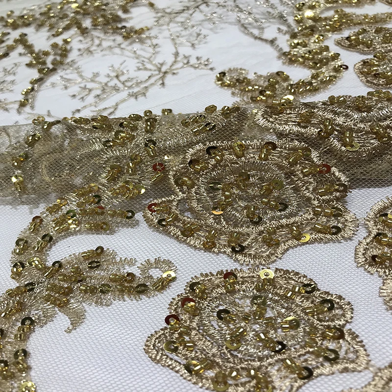 

Fashion Luxury Design Champagne Indian African George Sequin Handmade Beaded Embroidered Lace Fabric French Tulle Mesh Textiles