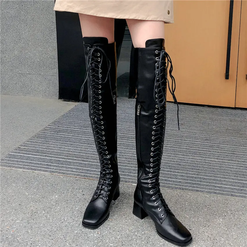 

Womens Cow Leather Chunky High Heels Stretchy Over The Knee High Military Boots Lace Up Square Toe Winter Platform Pumps Shoes