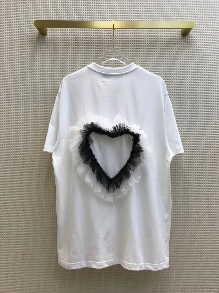 

2021 Summer Women's Wear New Casual Simple Joker Lace Love Loose Round Neck Short Sleeve T-shirt