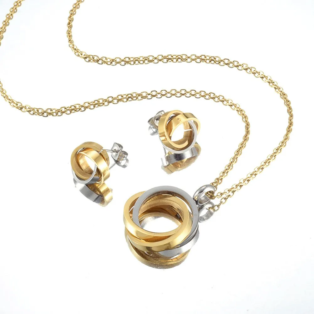 

14k Golden Necklace And Earing Jewelry Set For Women Stainless Steel Gold-plated Pendant Choker Three Linked Type Ear Studs Gift