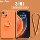 Чехол для iPhone 12, 13 Pro Max, Mini, 11 Pro, XR, X, S Max, 7, 8 Plus, SE 2020, из жидкого силикона, с магнитным кольцом-держателем