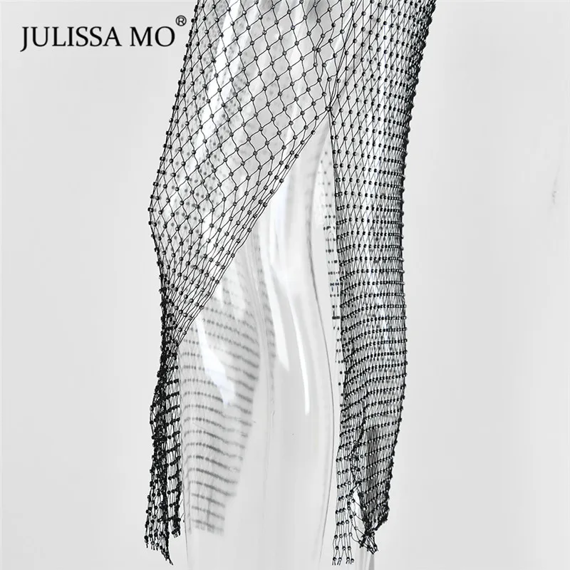 Julissa mo бриллиантовое ажурное длинное летнее платье, сексуальное Сетчатое платье с разрезом, Женское кристально прозрачное пляжное платье, платья для вечеринок