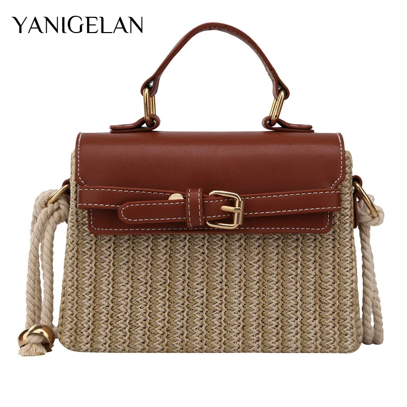 

Style Straw+PU Leather Messenger Lady Pack New Hand-Woven Women's Travel Tote Female Handbags Box Holiday Vintage Bolso Trenzado