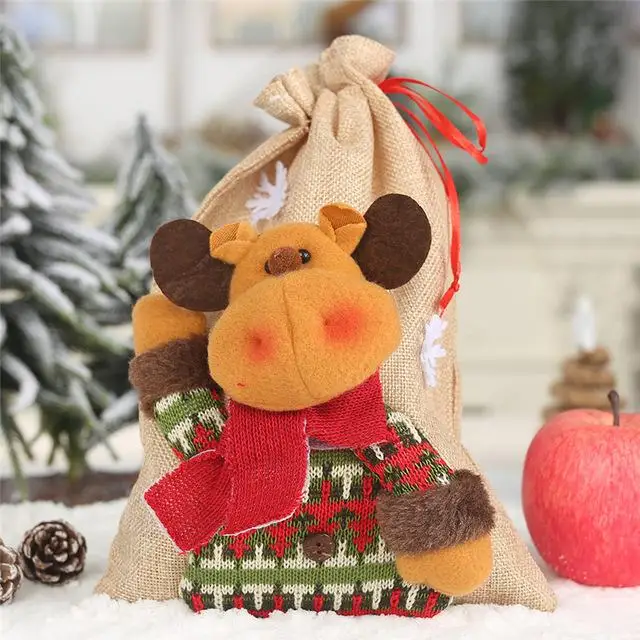Reindeer Новогодние рождественские украшения для дома, льняная Подарочная сумка на шнурке, большие конфетные рождественские мешки, праздничная мультяшная сумка Apple FZ167 - Цвет: Reindeer