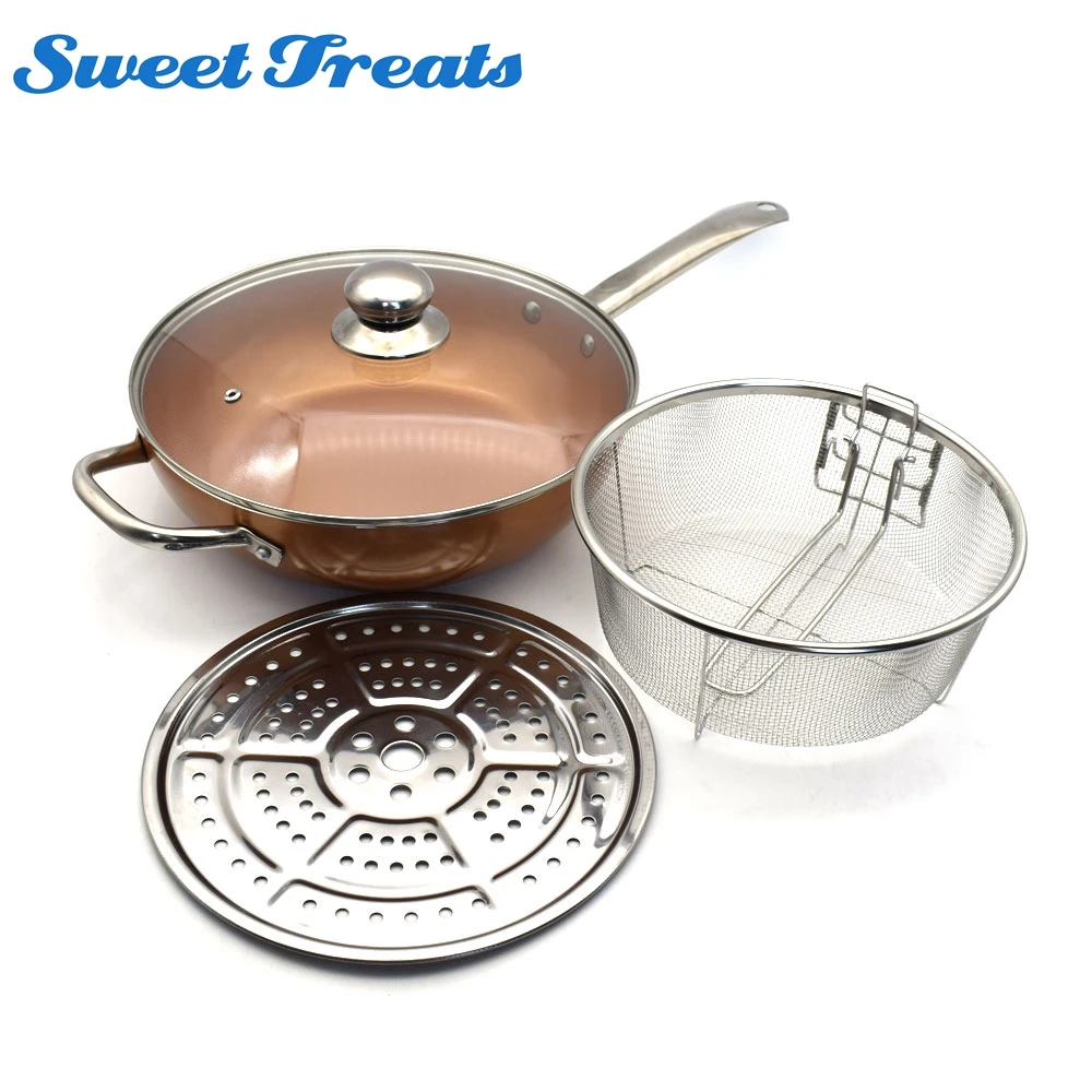 Медная круглая сковорода Sweettreats Индукционная корзина для жарки со стеклянной