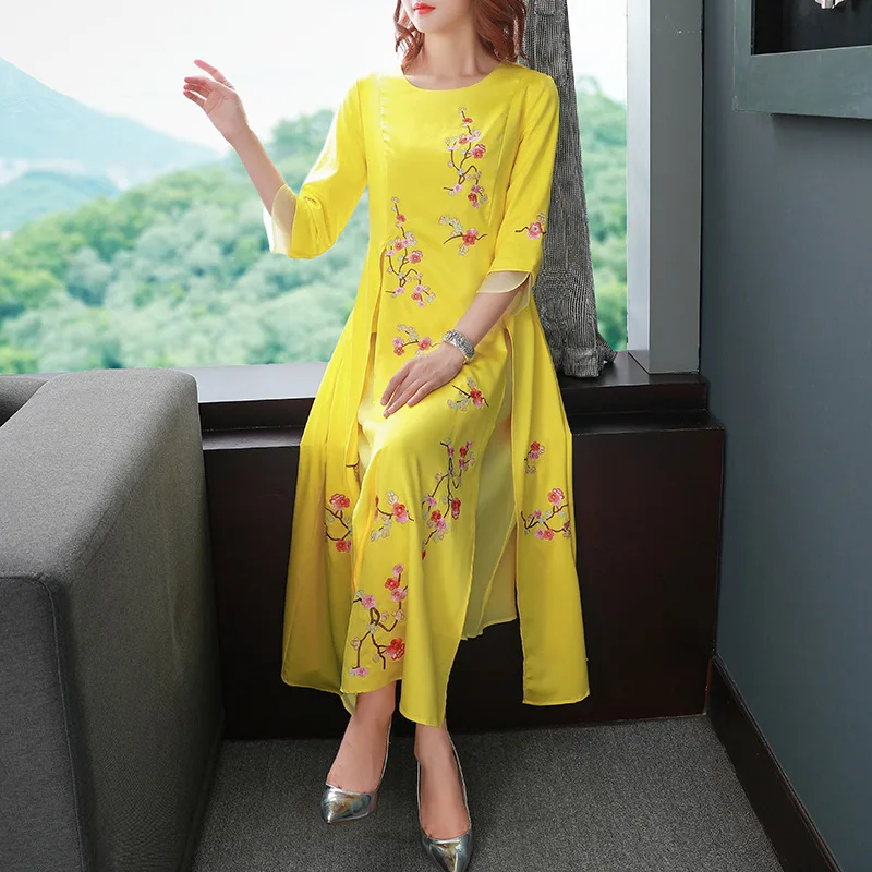 

2020 Autumn Fashion Dresses High Quality Brand Women Luxurious Embroidery Flower Deco 3/4 Sleeve Mid-Calf White Yellow Dress XXL