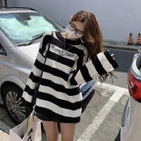 winter 2021 new striped embroidery loose mid length sweater top womens ins super fire off shoulder sweaterpull femme