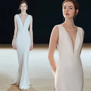 Вечернее платье во французском стиле, соблазнительные официальные платья с глубоким V-образным вырезом и открытой спиной, белое платье для выпускного вечера, платье-русалка без рукавов для свадебной вечеринки