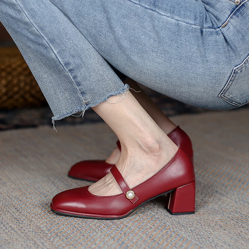 

Women's Heels Shoes Female Chunky Heel Pearl Buckle Black Wine Color Ladies Summer Autumn Loafers Women Pumps Mary Janes Shoes