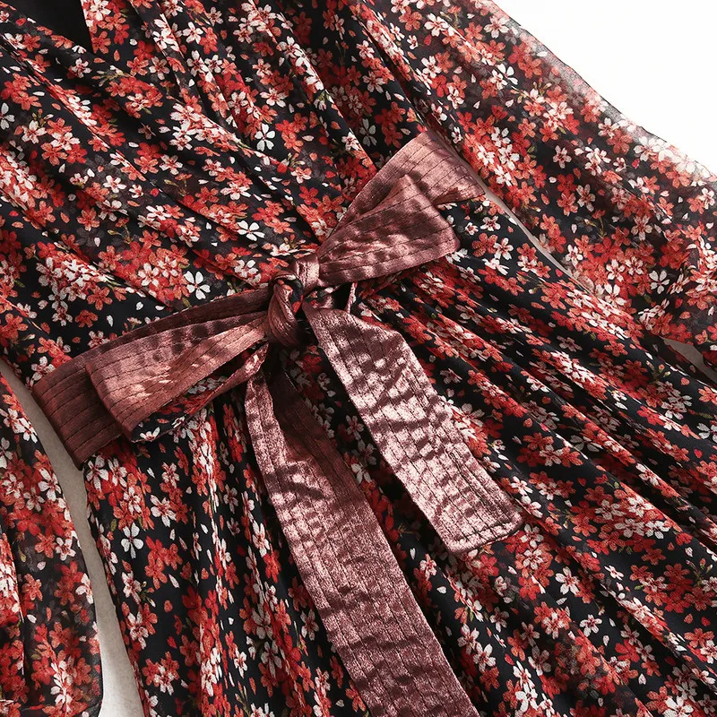 

2020 Spring Summer New Hot Women Print Pleated Chiffon Dress Fashion Female Casual Flare Sleeve Lotus leaf neck Basic Dresses