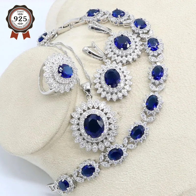 Natural Blue Sapphire Topaz White Zircon Silver 925 Jewelry Sets For Women Party Earrings Pendant Necklace Rings Bracelet