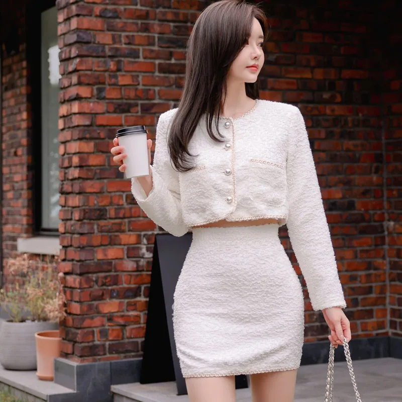 

Autumn Winter Women Vintage Single Breasted Short Jacket Coat + Mini Pencil Skirt Outfits Suit Female Elegant Office 2 Piece Set
