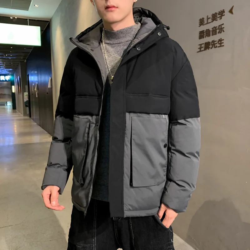 

Men's Fashion Color Matching Hooded Cotton Coats Autumn and Winter Contrast Color Tooling Quilted Jacket Korean Fashion Jacket
