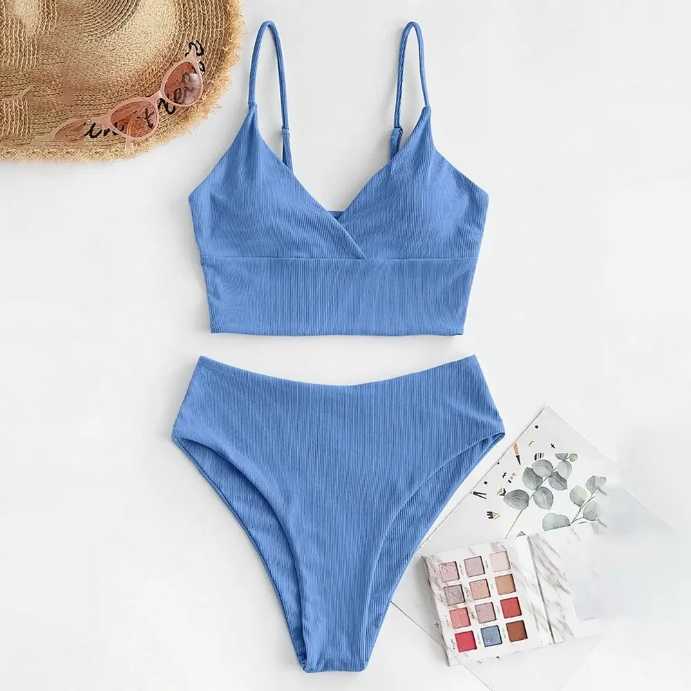 Женский бандажный бикини с чашками пуш-ап однотонный пляжный купальник