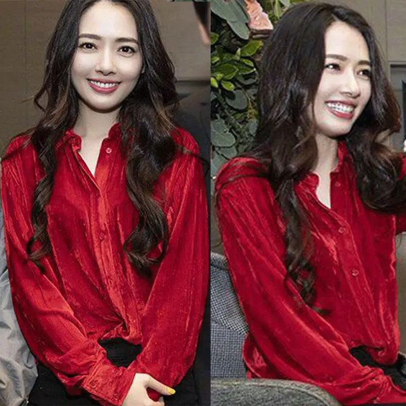 

Guo biting same red velvet shirt spring net red top female Yang Mi Wang Ziwen Han Fan dress shirt fashion